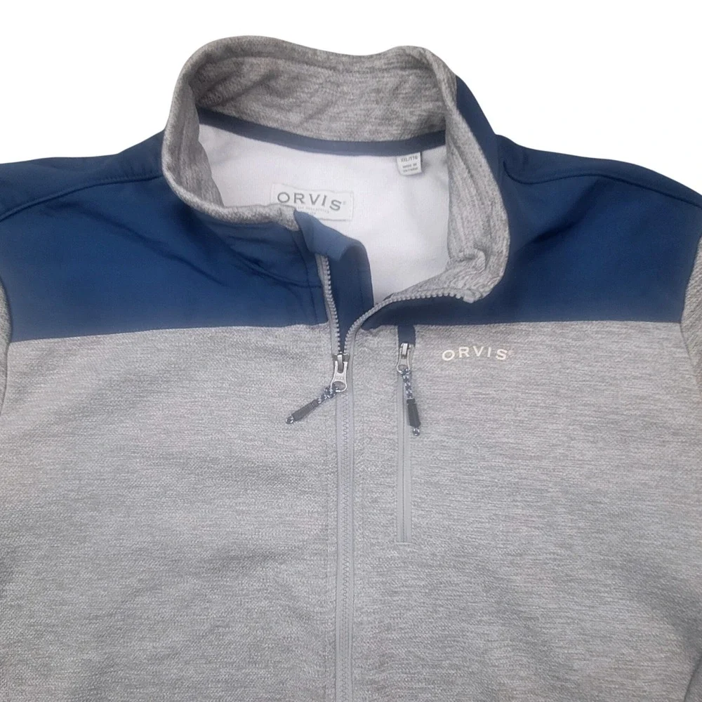 Orvis Mens XXL Full Zip Performance Jacket Gray Navy Blue Colorblock Mock Neck‎
